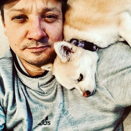 Jeremy Renner's pet dog resting his head in Jeremy Renner's Shoulder